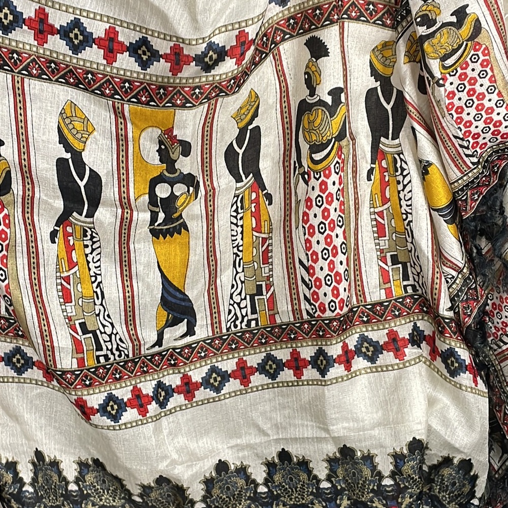 Incredible Ethnic Tribal Silk Scarf African Women White, Black, Blue & Red - Picture 3 of 9